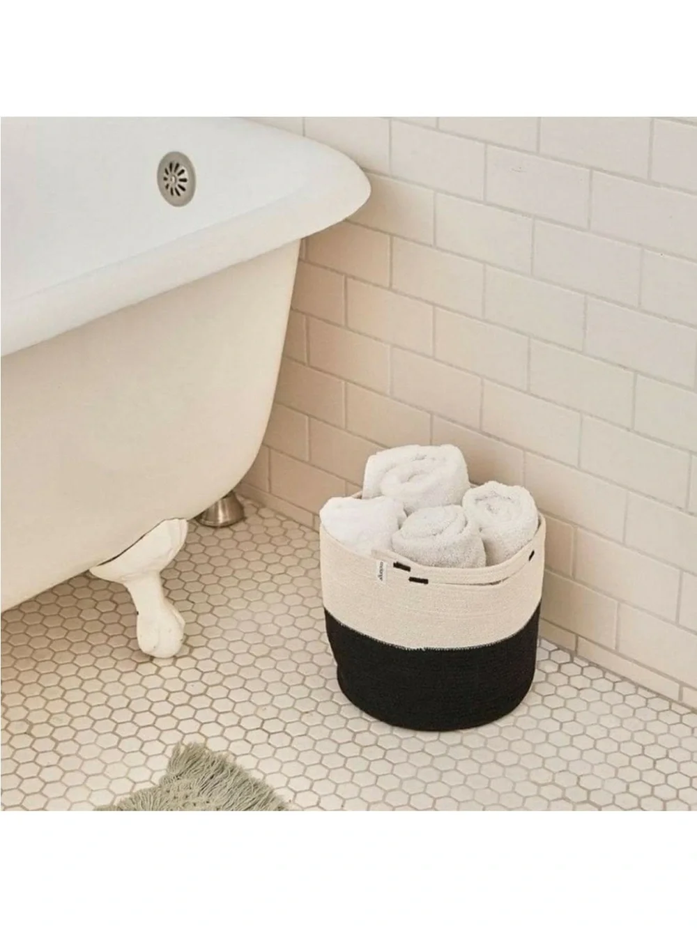 Mia Melange Rope Jute Block Basket - Cream and Black, New